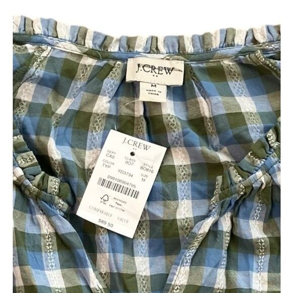 J Crew Blouse Womens M Green Tilly Plaid Artist Top Blue Ruffle Neck Boho Fall - Picture 4 of 9